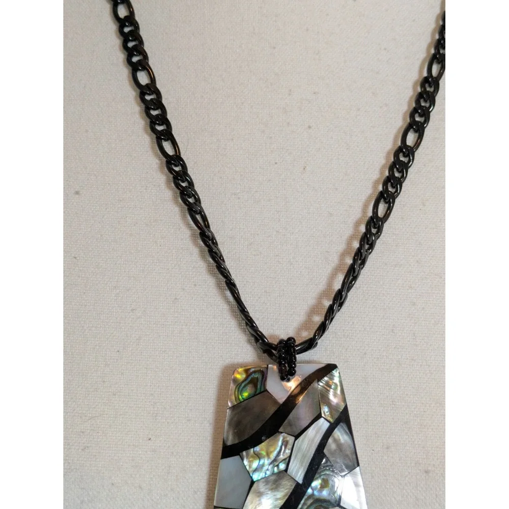Abstract Mother Of Pearl Pendant Necklace Mosaic Style Artsy Artisan Black Chain